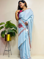 Blue Kashmiri Sozni Crepe Saree—Floral Jaal Embroidery, Festive & Wedding