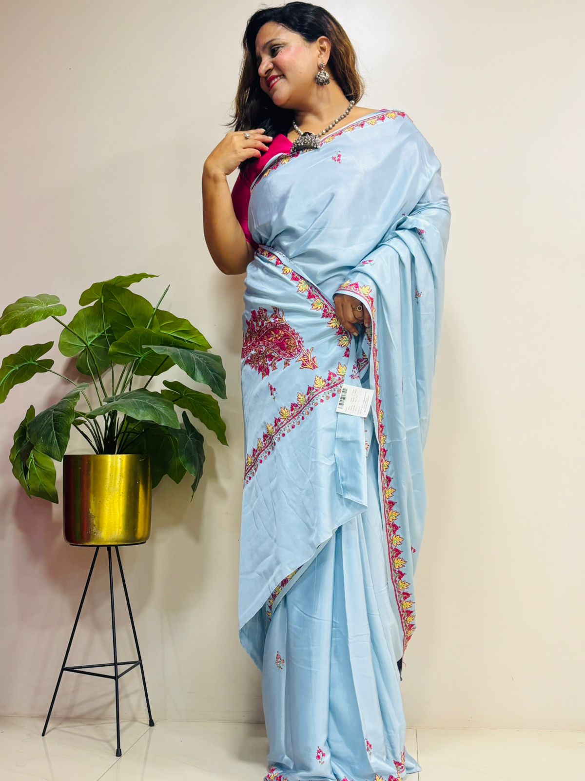 Blue Kashmiri Sozni Crepe Saree—Floral Jaal Embroidery, Festive & Wedding