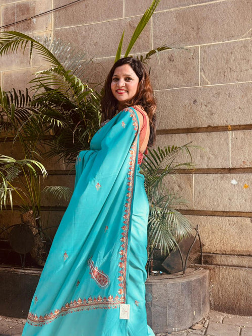 Green Kashmiri Sozni Crepe Saree—Paisley Embroidery, Festive & Wedding