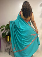 Green Kashmiri Sozni Crepe Saree—Paisley Embroidery, Festive & Wedding