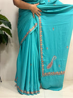 Green Kashmiri Sozni Crepe Saree—Paisley Embroidery, Festive & Wedding