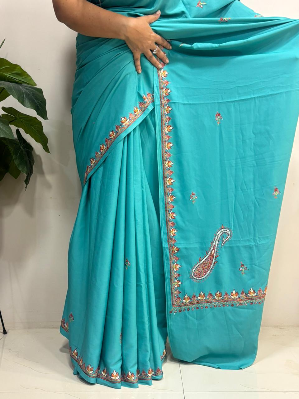Green Kashmiri Sozni Crepe Saree—Paisley Embroidery, Festive & Wedding
