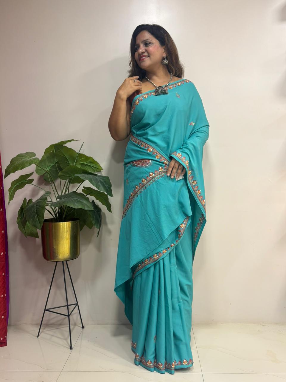 Green Kashmiri Sozni Crepe Saree—Paisley Embroidery, Festive & Wedding
