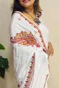 White Kashmiri Sozni Crepe Saree—Fine Needle Embroidery, Wedding & Festive