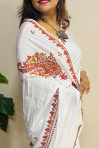 White Kashmiri Sozni Crepe Saree—Fine Needle Embroidery, Wedding & Festive