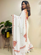 White Kashmiri Sozni Crepe Saree—Fine Needle Embroidery, Wedding & Festive
