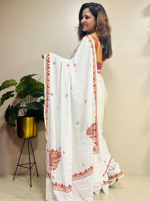 White Kashmiri Sozni Crepe Saree—Fine Needle Embroidery, Wedding & Festive