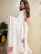 White Kashmiri Sozni Crepe Saree—Fine Needle Embroidery, Wedding & Festive