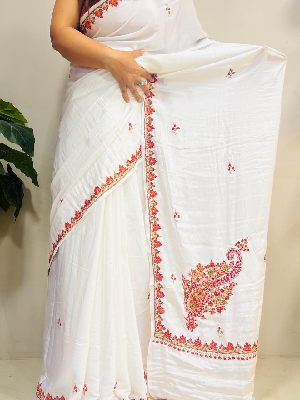 White Kashmiri Sozni Crepe Saree—Fine Needle Embroidery, Wedding & Festive
