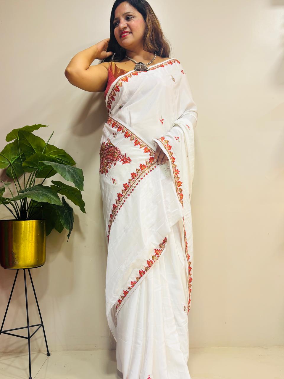 White Kashmiri Sozni Crepe Saree—Fine Needle Embroidery, Wedding & Festive