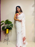 White Kashmiri Sozni Crepe Saree—Fine Needle Embroidery, Wedding & Festive