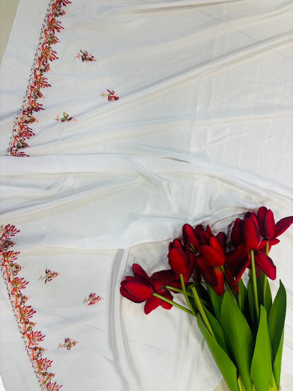 White Kashmiri Sozni Crepe Saree—Fine Needle Embroidery, Wedding & Festive
