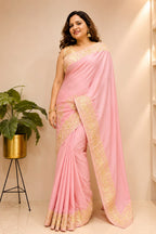 Pink Kashmiri Aari Crepe Saree—Chain Stitch Embroidery, Festive & Wedding