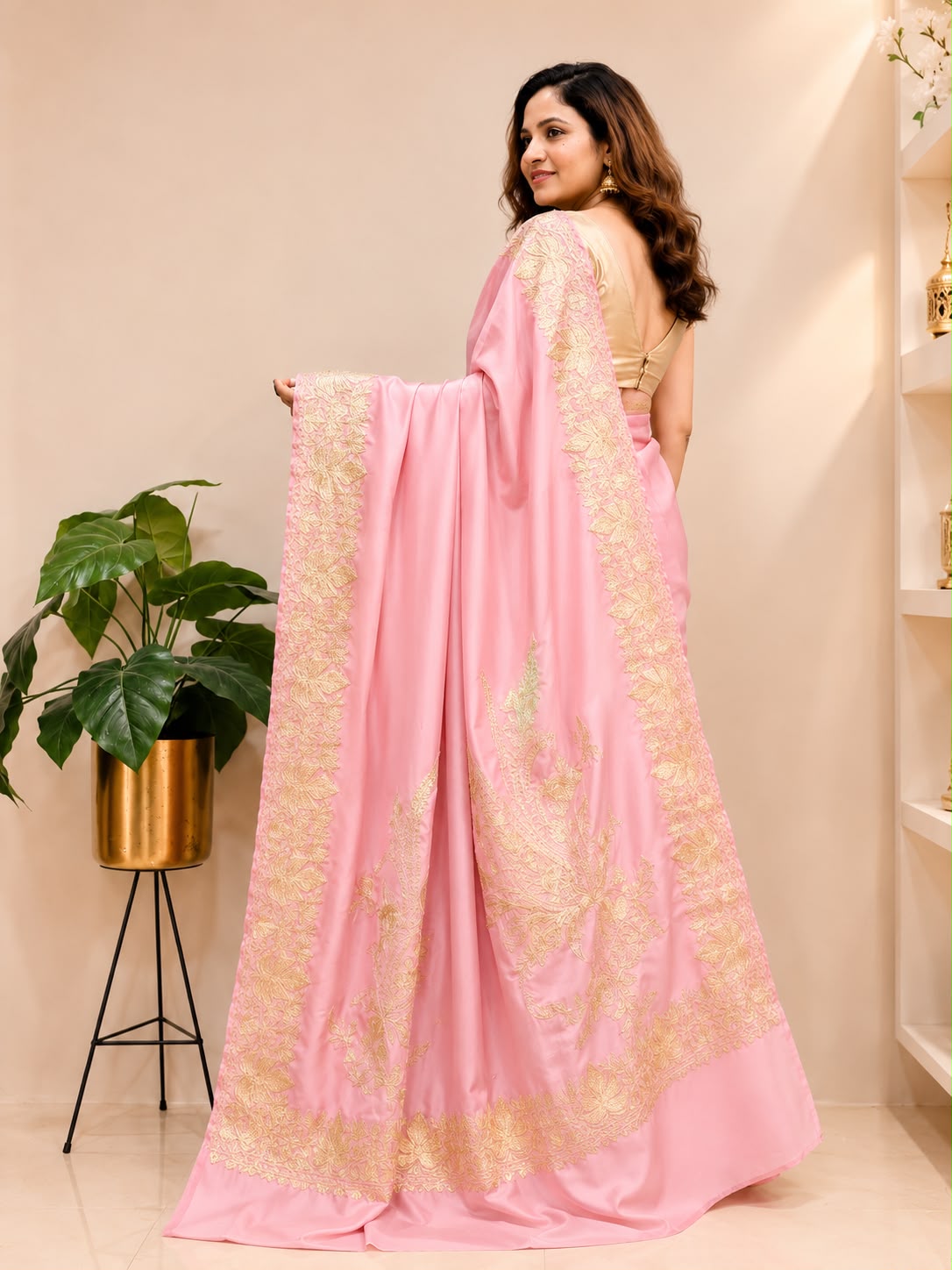 Pink Kashmiri Aari Crepe Saree—Chain Stitch Embroidery, Festive & Wedding