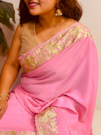Pink Kashmiri Aari Crepe Saree—Chain Stitch Embroidery, Festive & Wedding