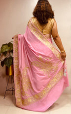 Pink Kashmiri Aari Crepe Saree—Chain Stitch Embroidery, Festive & Wedding