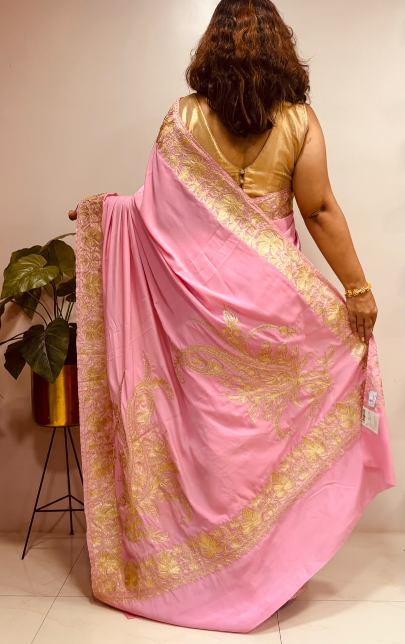 Pink Kashmiri Aari Crepe Saree—Chain Stitch Embroidery, Festive & Wedding