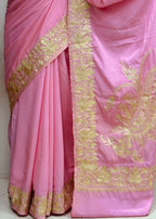 Pink Kashmiri Aari Crepe Saree—Chain Stitch Embroidery, Festive & Wedding