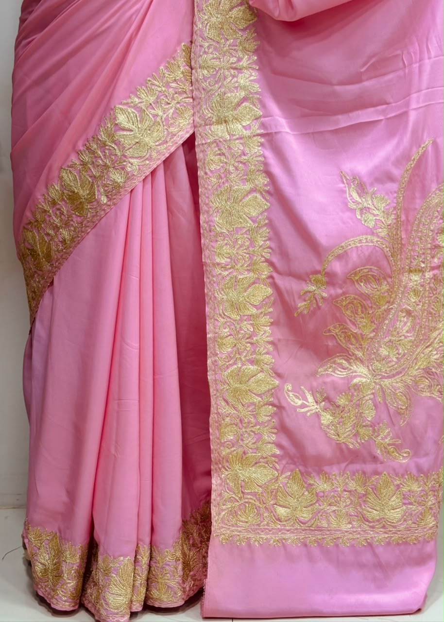 Pink Kashmiri Aari Crepe Saree—Chain Stitch Embroidery, Festive & Wedding