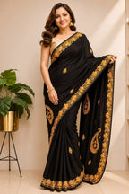 Black Kashmiri Aari Crepe Saree—Chain Stitch Embroidery, Festive & Formal