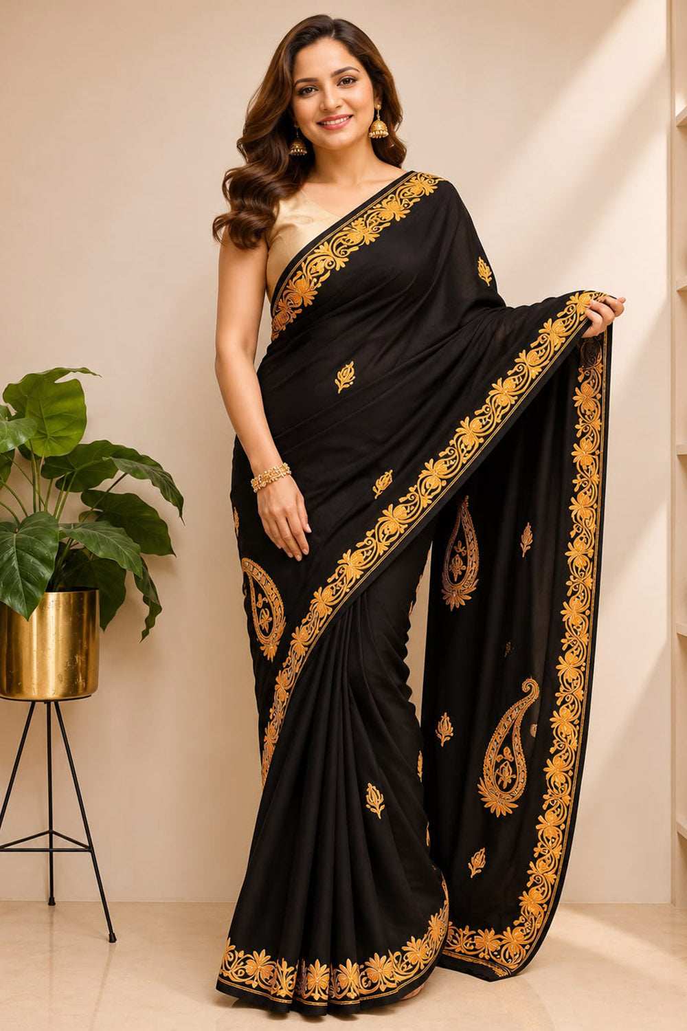 Black Kashmiri Aari Crepe Saree—Chain Stitch Embroidery, Festive & Formal