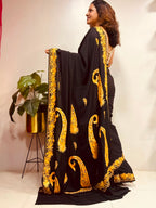 Black Kashmiri Aari Crepe Saree—Chain Stitch Embroidery, Festive & Formal
