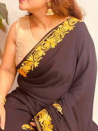 Black Kashmiri Aari Crepe Saree—Chain Stitch Embroidery, Festive & Formal
