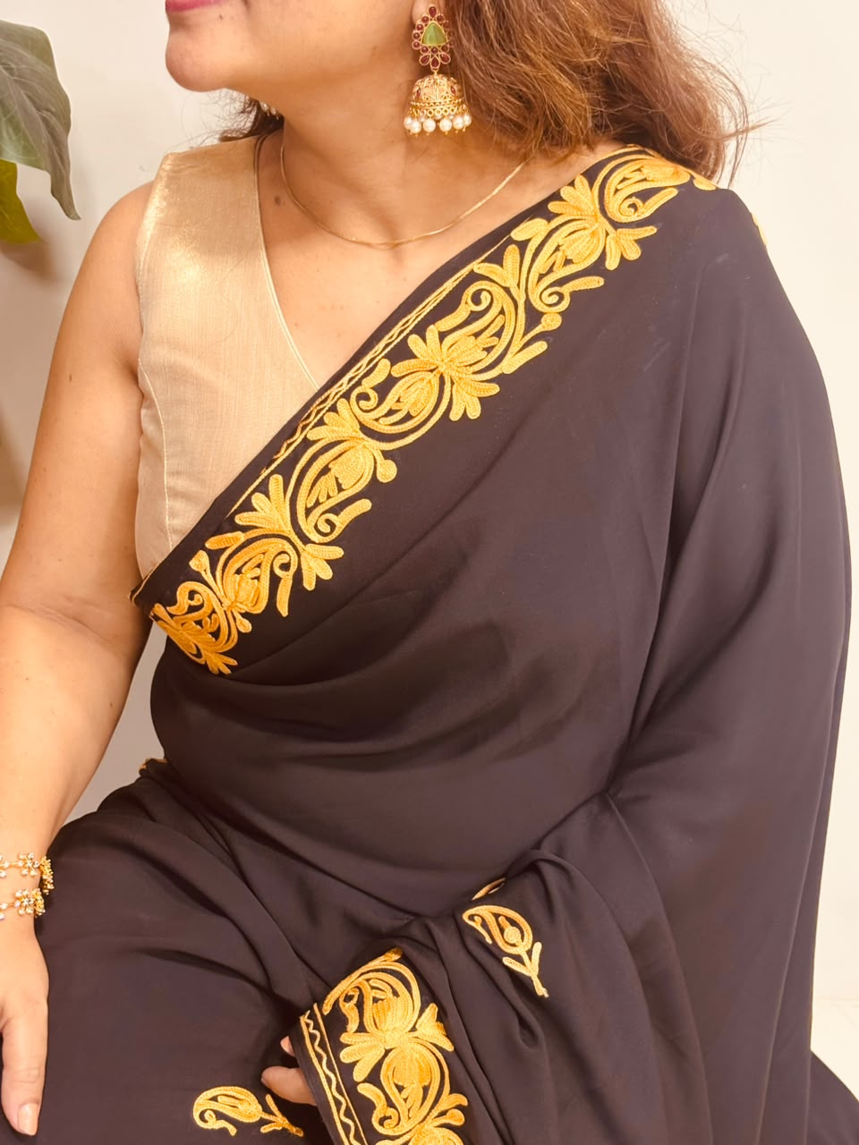 Black Kashmiri Aari Crepe Saree—Chain Stitch Embroidery, Festive & Formal