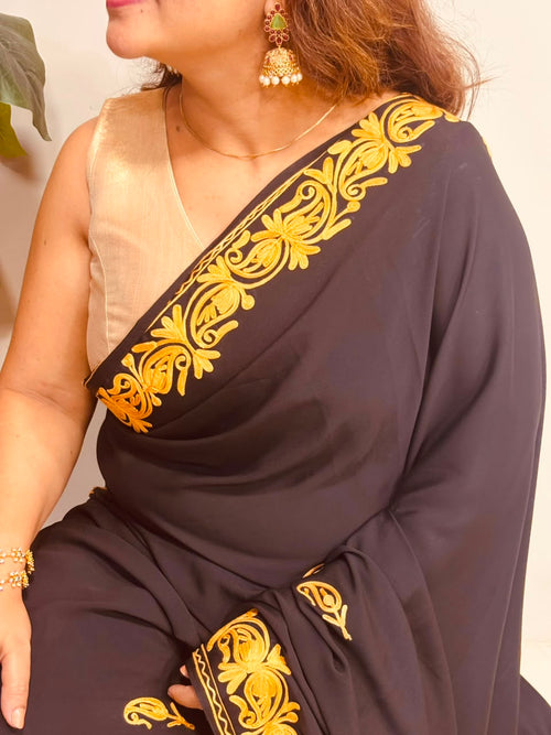 Black Kashmiri Aari Crepe Saree—Chain Stitch Embroidery, Festive & Formal