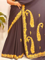 Black Kashmiri Aari Crepe Saree—Chain Stitch Embroidery, Festive & Formal