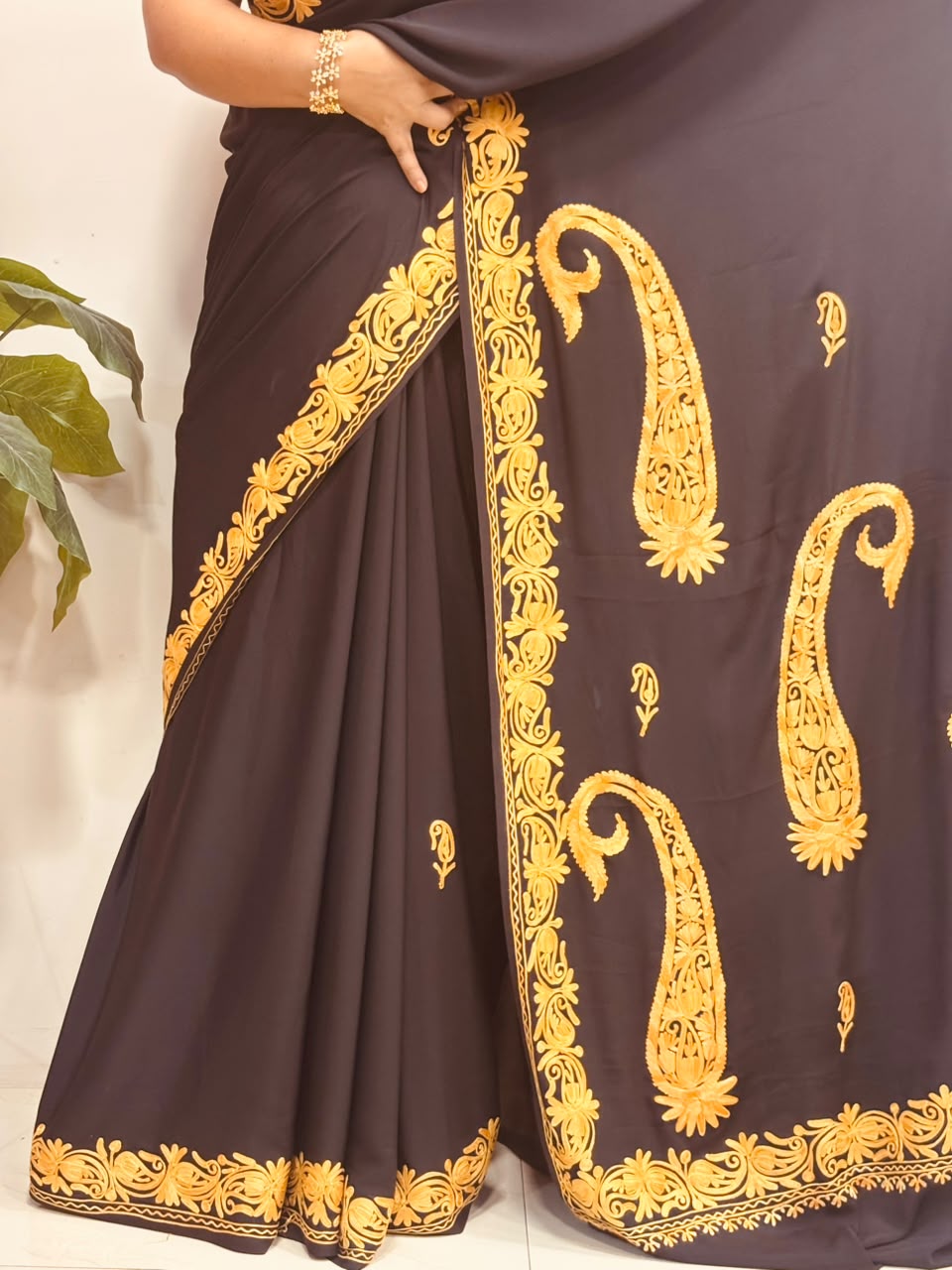 Black Kashmiri Aari Crepe Saree—Chain Stitch Embroidery, Festive & Formal