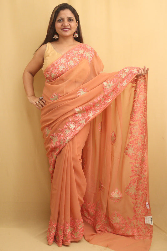 Peach Embroidered Kashmiri Aari Work Georgette Saree - Luxurion World