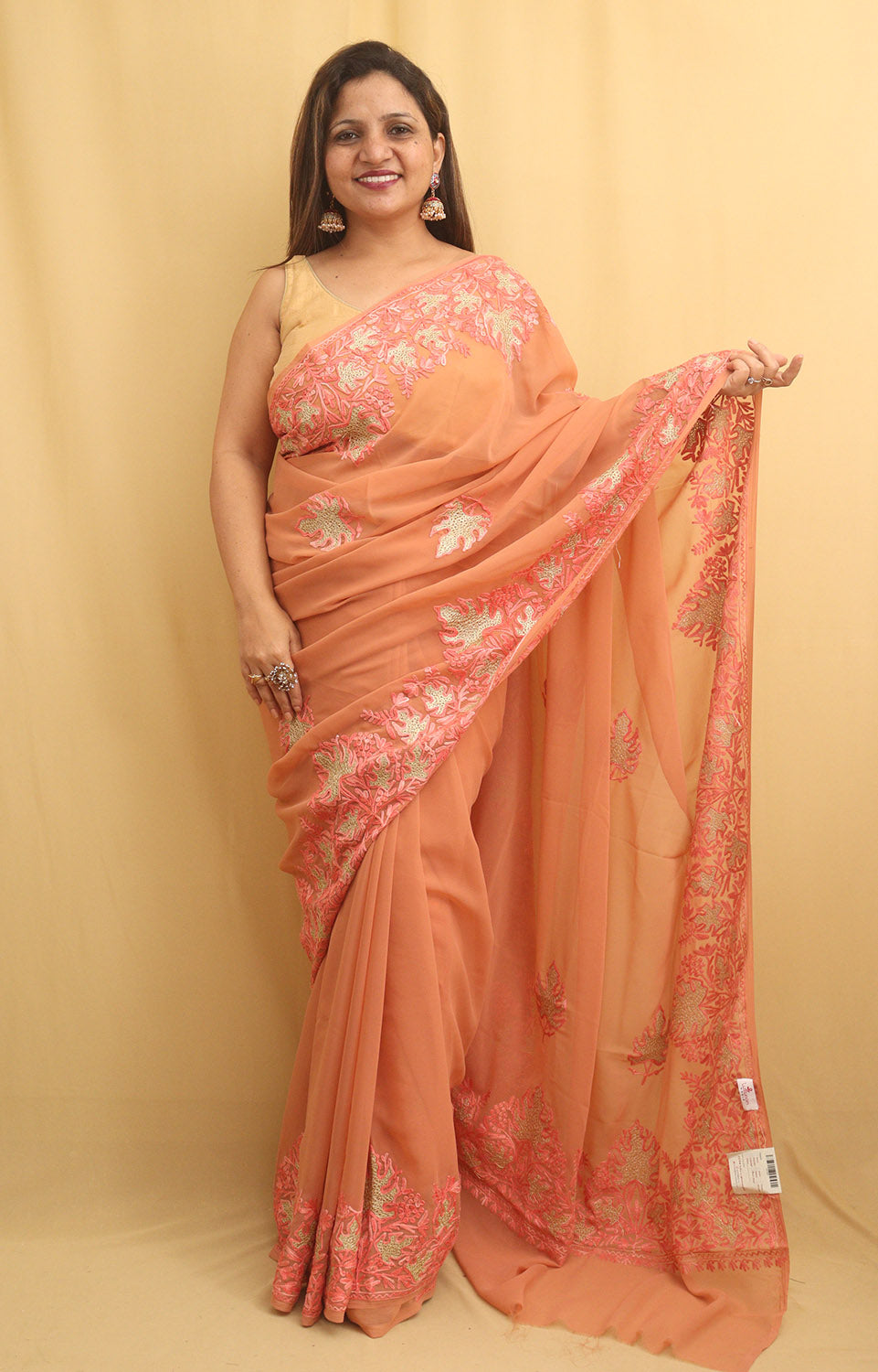 Peach Embroidered Kashmiri Aari Work Georgette Saree - Luxurion World