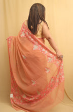 Peach Embroidered Kashmiri Aari Work Georgette Saree - Luxurion World