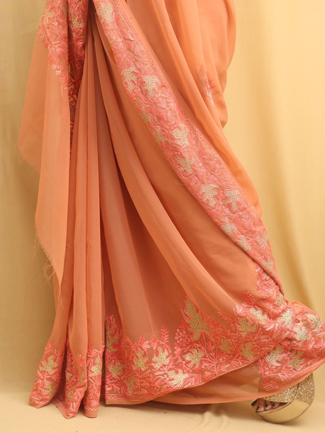 Peach Embroidered Kashmiri Aari Work Georgette Saree - Luxurion World