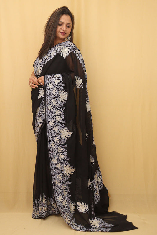 Black Embroidered Kashmiri Aari Work Georgette Saree - Luxurion World