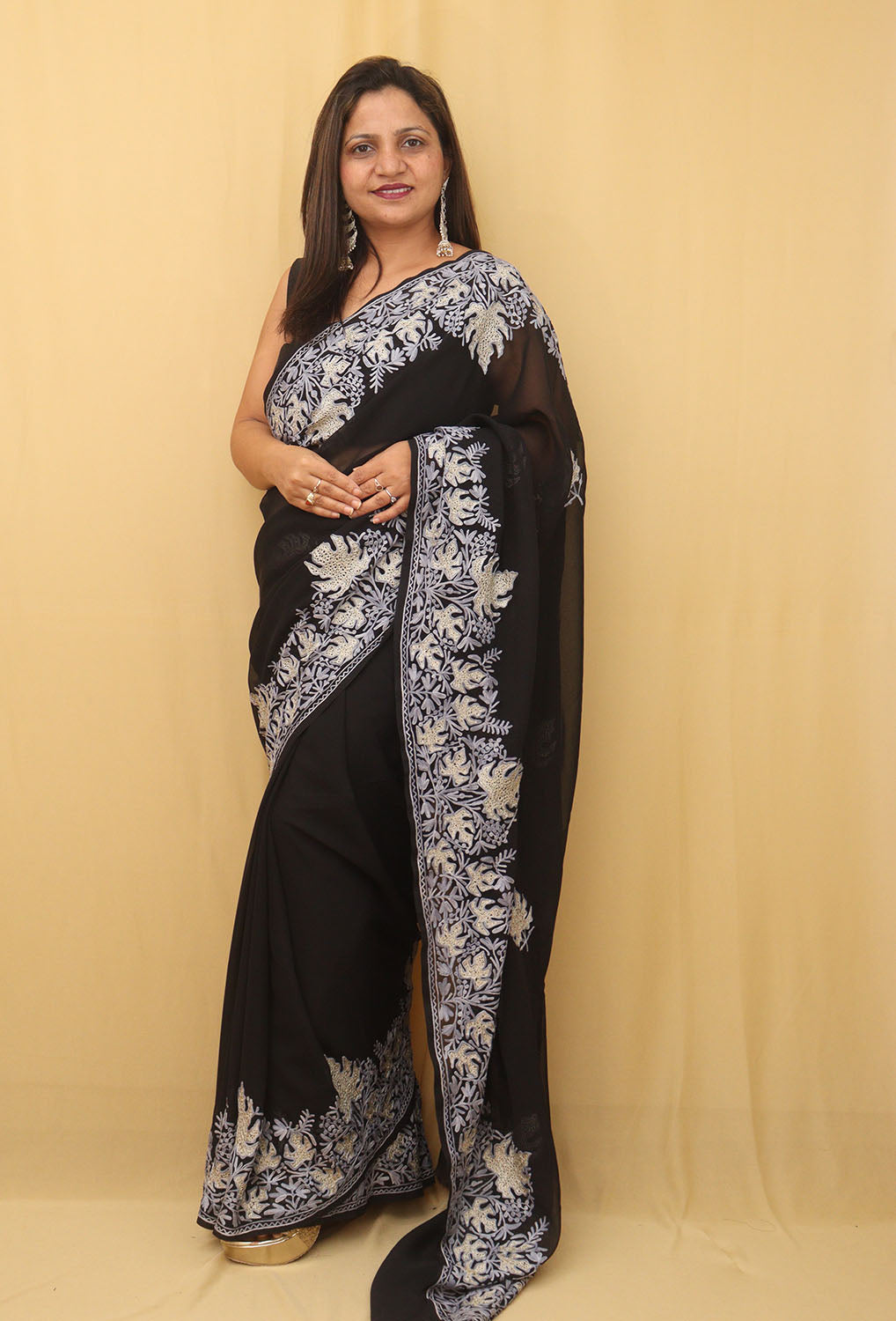 Black Embroidered Kashmiri Aari Work Georgette Saree - Luxurion World