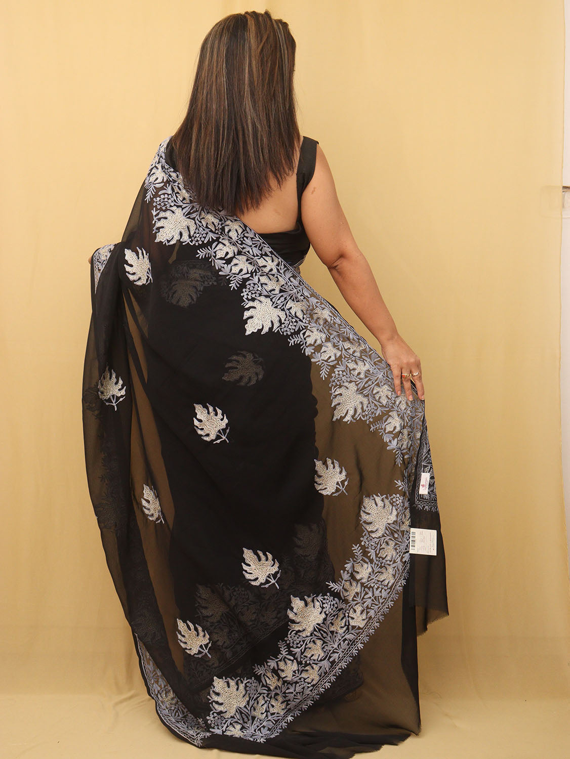 Black Embroidered Kashmiri Aari Work Georgette Saree - Luxurion World