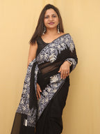 Black Embroidered Kashmiri Aari Work Georgette Saree - Luxurion World