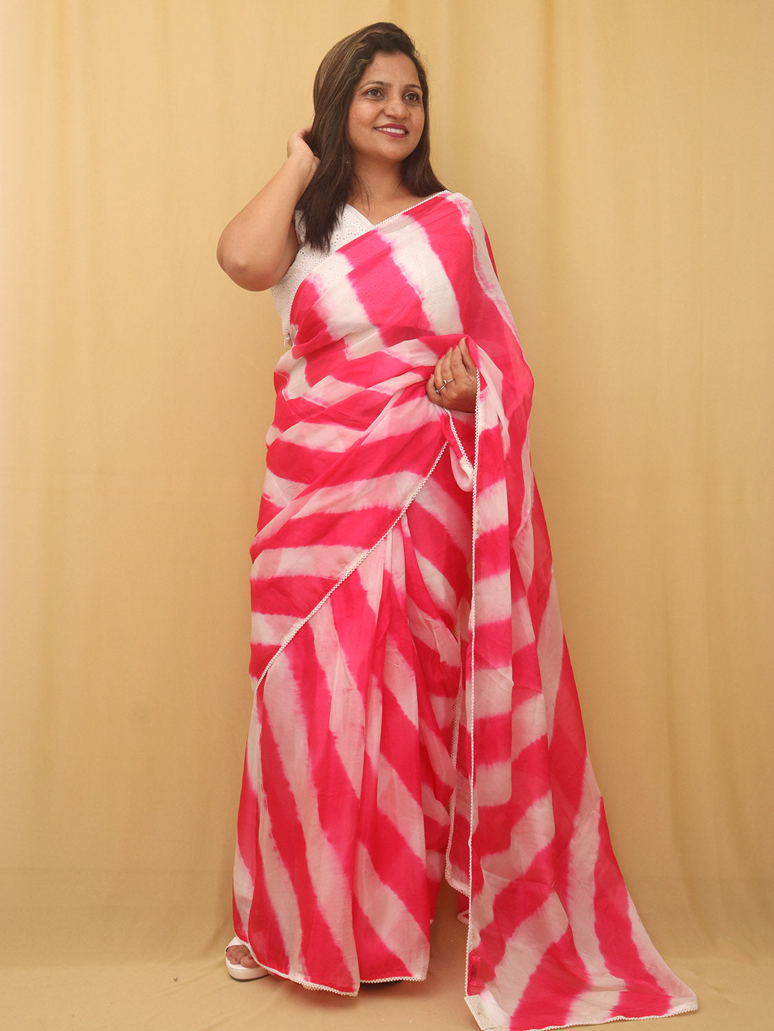 Pink Leheriya Organza Silk Saree - Luxurion World