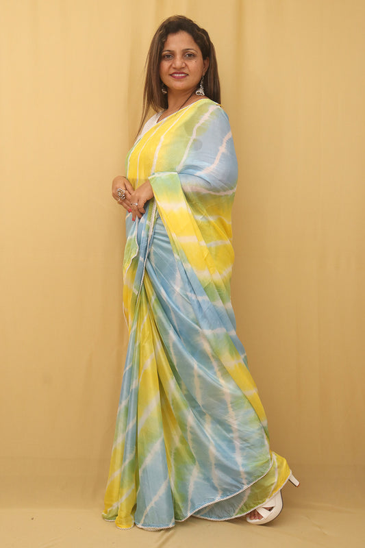 Multicolor Leheriya Tabby Silk Saree - Luxurion World