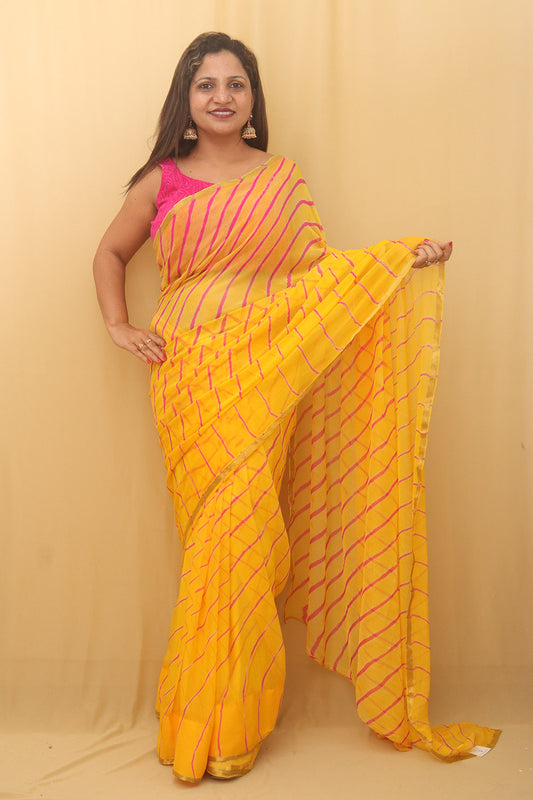 Yellow Leheriya Chiffon Saree - Luxurion World
