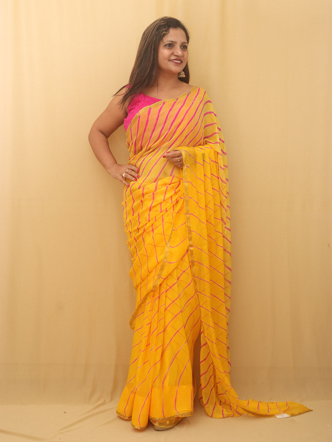 Yellow Leheriya Chiffon Saree - Luxurion World
