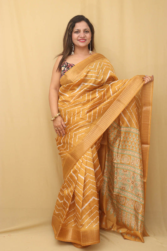 Yellow Leheriya Print Tussar Cotton Silk Saree - Luxurion World