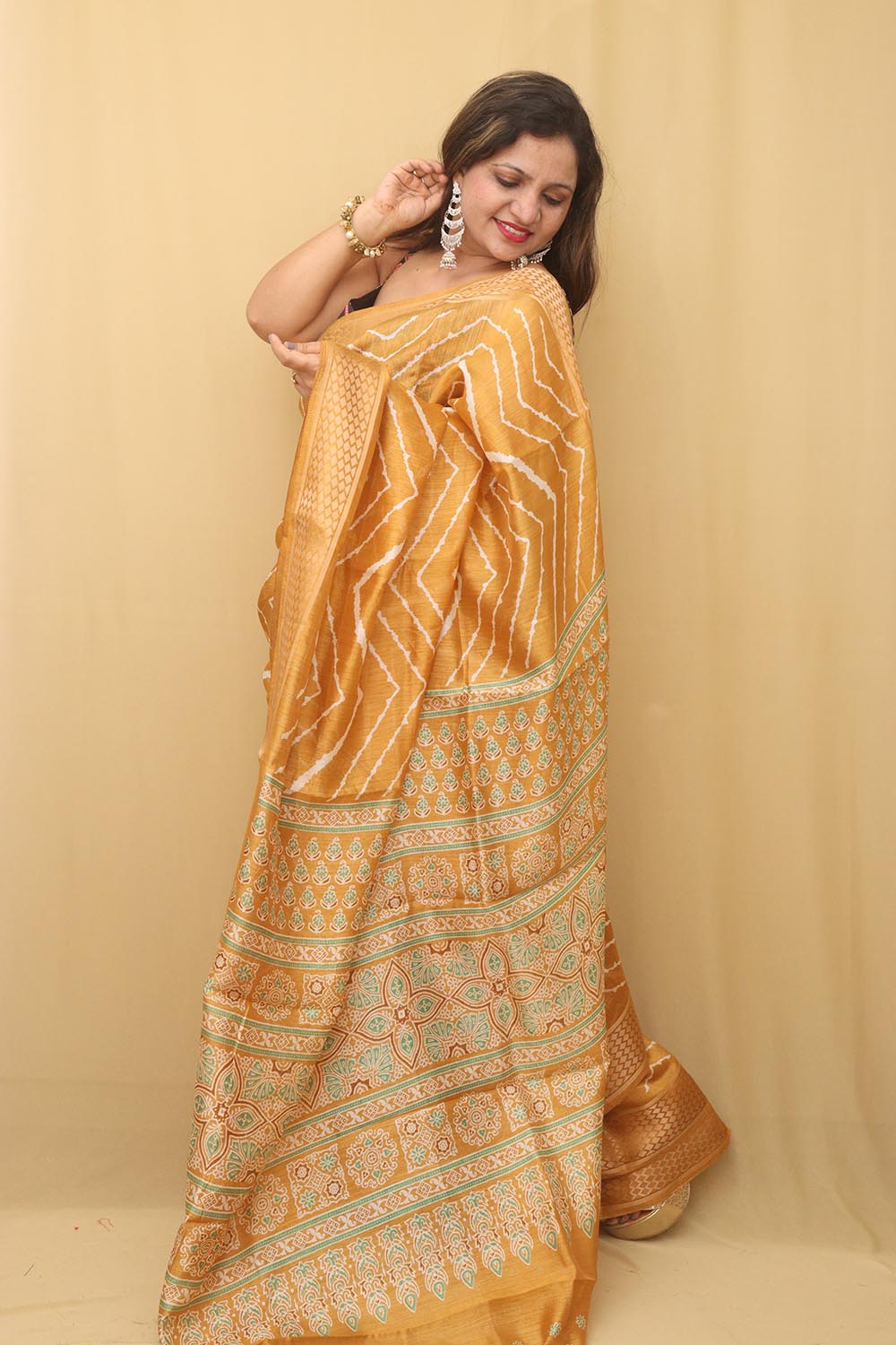 Yellow Leheriya Print Tussar Cotton Silk Saree - Luxurion World