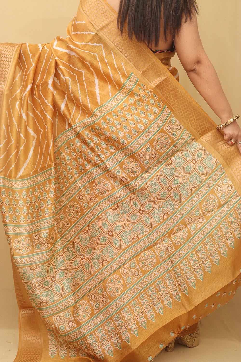 Yellow Leheriya Print Tussar Cotton Silk Saree - Luxurion World