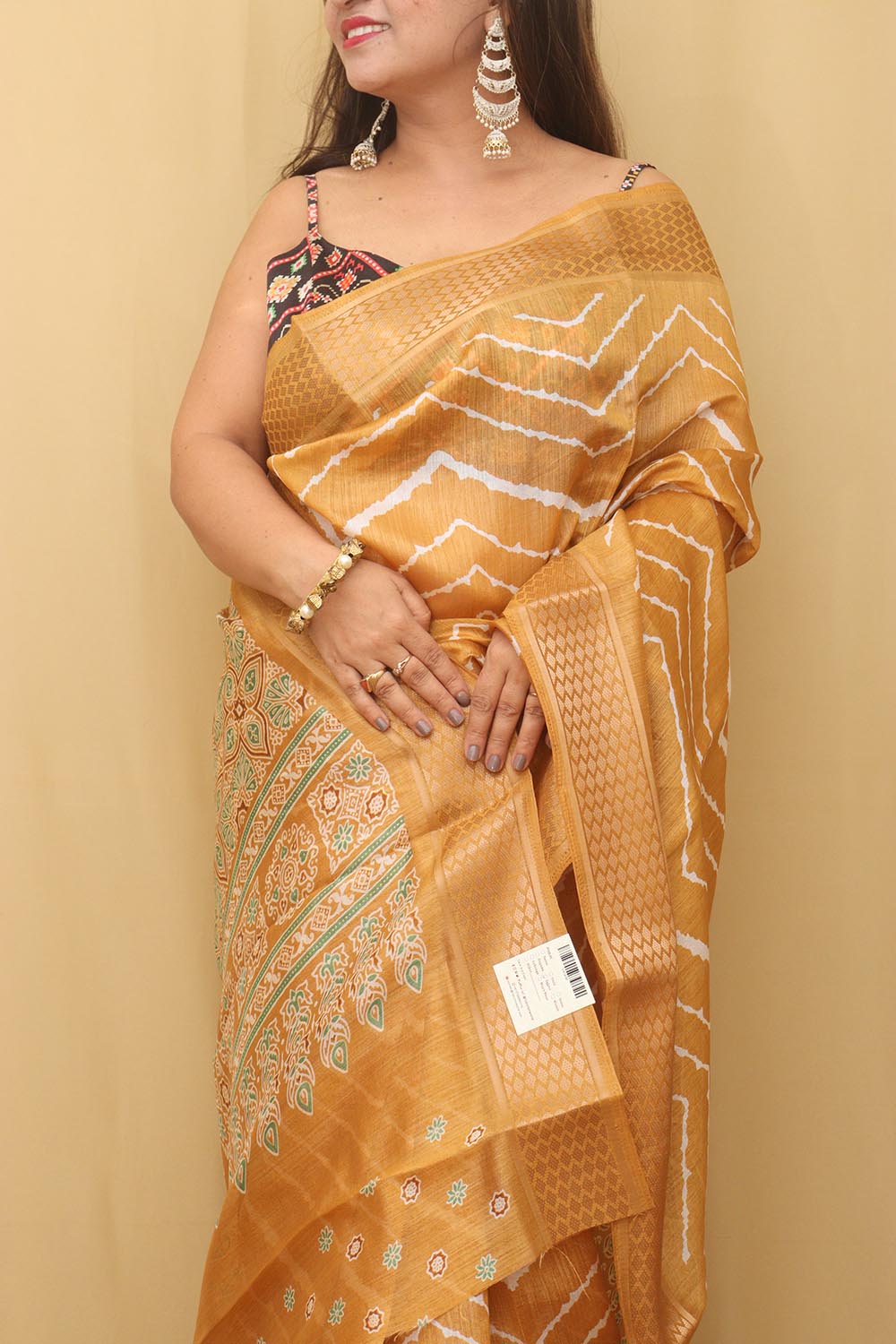 Yellow Leheriya Print Tussar Cotton Silk Saree - Luxurion World