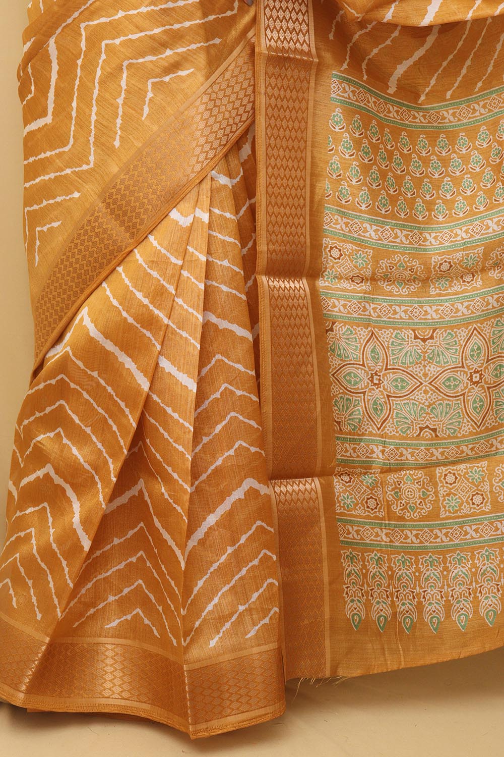 Yellow Leheriya Print Tussar Cotton Silk Saree - Luxurion World