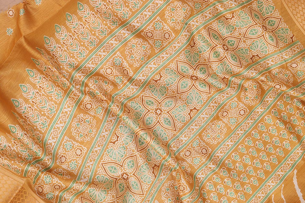 Yellow Leheriya Print Tussar Cotton Silk Saree - Luxurion World
