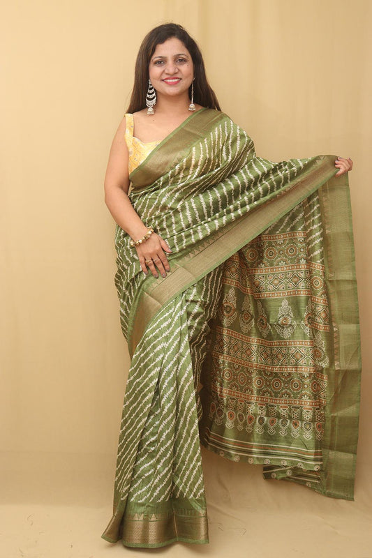 Green Leheriya Print Tussar Cotton Silk Saree